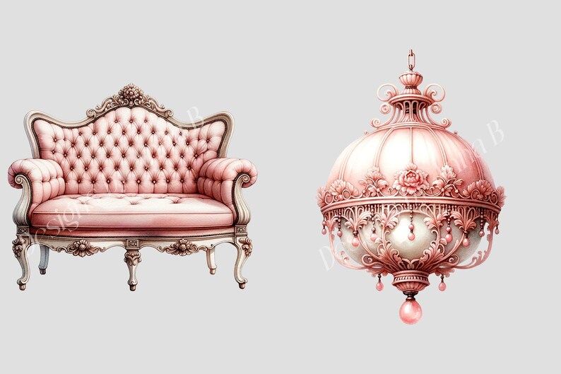 May include: A pink velvet tufted sofa with ornate gold trim and a matching pink chandelier with a pearl-like center and gold accents.
