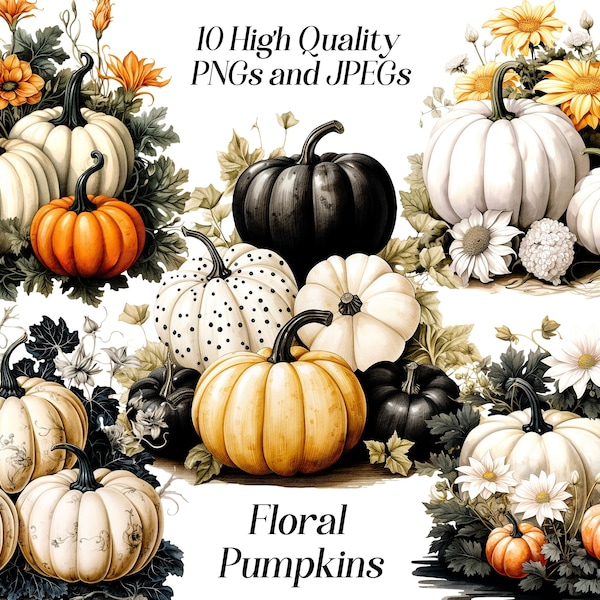 Watercolor pumpkins clipart, 10 high quality JPEG and PNG files, autumn clip art, fall clipart, white pumpkins, printables