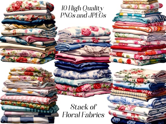Watercolor Floral Fabric Stack Clipart: Sewing & Craft Graphics (Digital Download)