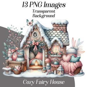 Przytulny domek wróżki clipart, 13 plików PNG, fantazja, ładny mały domek, dom, pastel, delikatne kolory, sceneria, magiczny, zaczarowany, obrazy do druku