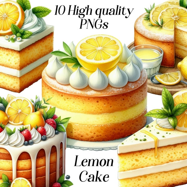 Watercolor Lemon Cake clipart, 10 high quality PNG files, lemon clip art, sweet dessert, food clipart, birthday cake, sugary treat