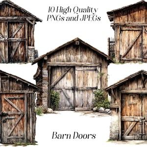 Watercolor barn doors clipart, 10 high quality JPEG and PNG files, rustic living, cottage core, farm life, farmhouse clipart, printables