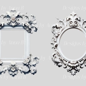 May include: Two ornate white picture frames with intricate floral designs. The frame on the left is square, while the frame on the right is round.