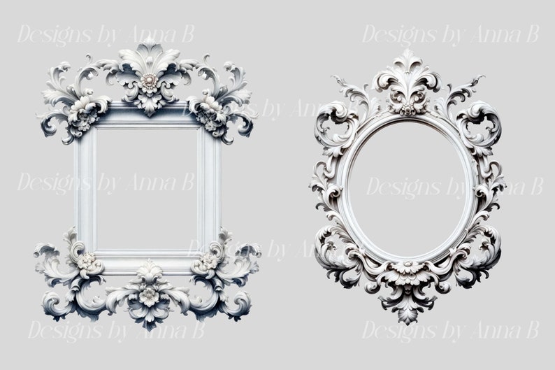 May include: Two ornate white picture frames with intricate floral designs. The frame on the left is square, while the frame on the right is round.