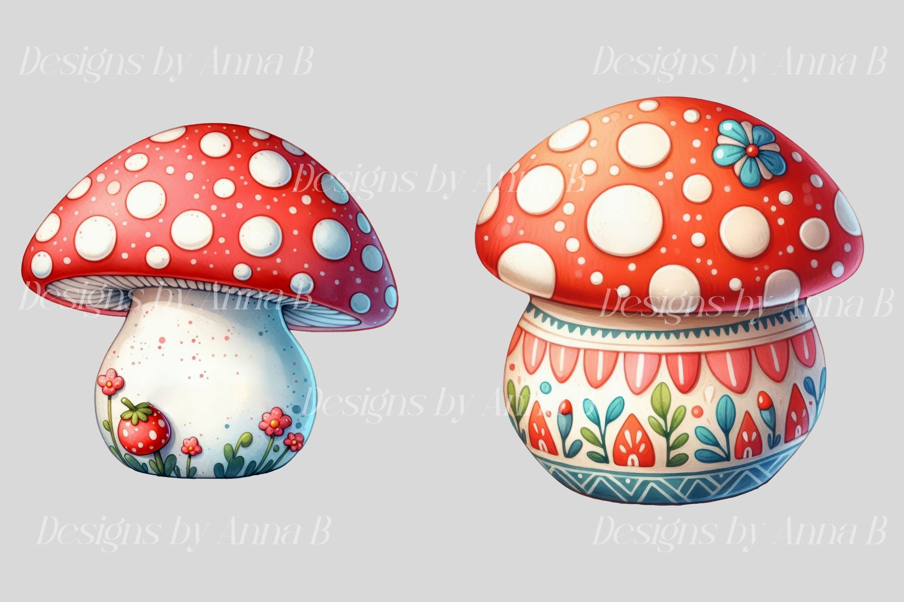 Watercolor Mushroom Clipart: Kawaii Patterned Design (12 PNG Files ...