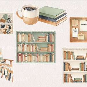 May include: Watercolor illustration featuring a cozy reading nook. Includes a mug of coffee, stacks of books, a bulletin board with notes, and a wooden chair with a blanket. Also shown are decorative paper clips and a bookshelf.