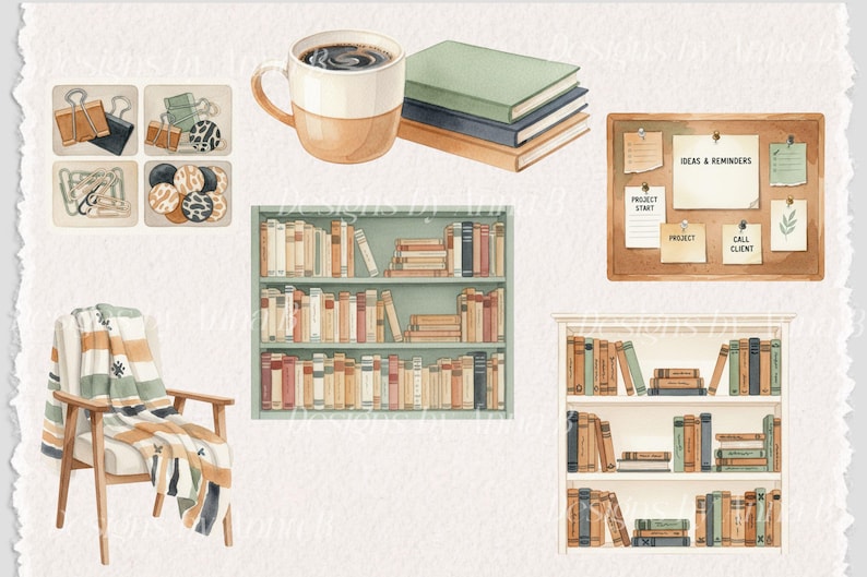 May include: Watercolor illustration featuring a cozy reading nook. Includes a mug of coffee, stacks of books, a bulletin board with notes, and a wooden chair with a blanket. Also shown are decorative paper clips and a bookshelf.