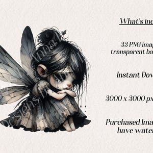 May include: Watercolor illustration of a sad fairy with black hair and wings, wearing a gray dress. The image includes text: "What's included: 33 PNG images with transparent background, Instant Download, 3000 x 3000 px at 300DPI, Purchased Images won't have watermark."