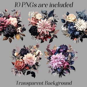 May include: Five digital illustrations of floral bouquets with a dark background. The bouquets feature pink, white, and blue flowers with dark green leaves.