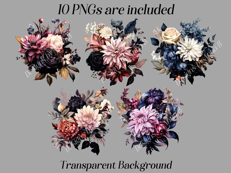 May include: Five digital illustrations of floral bouquets with a dark background. The bouquets feature pink, white, and blue flowers with dark green leaves.