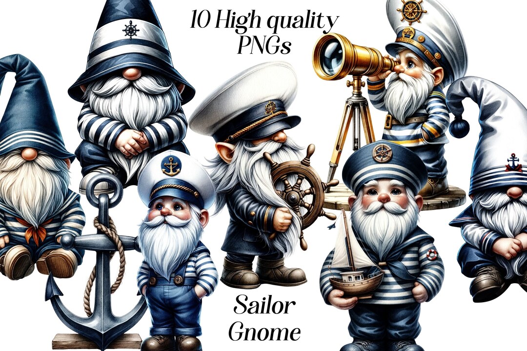 Watercolor Sailor Gnome Clipart, 10 High Quality PNG Files, Marine ...