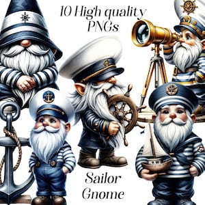 Clipart acquerello Sailor Gnome, 10 file PNG di alta qualità, clip art marino, nautico, capitano, clipart di ancoraggio, illustrazioni di gnome