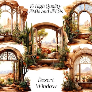 Imágenes prediseñadas del desierto de acuarela, 10 archivos JPEG y PNG de alta calidad, imágenes prediseñadas de ventana, diseño de sublimación occidental, ventana con cactus, imprimibles