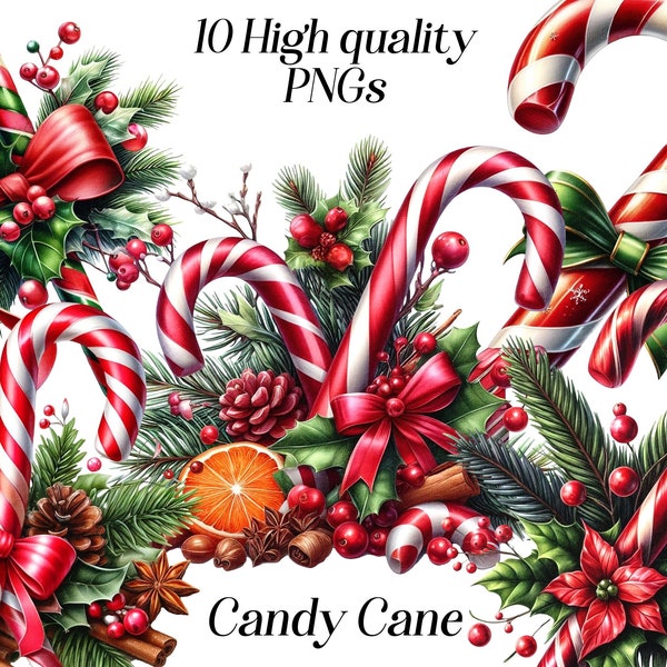 Aquarell Candy Cane Clipart, 10 hochauflösende PNG Dateien, Weihnachtscliparts, festliche Bilder, Süßigkeiten, Süßigkeiten und Leckereien