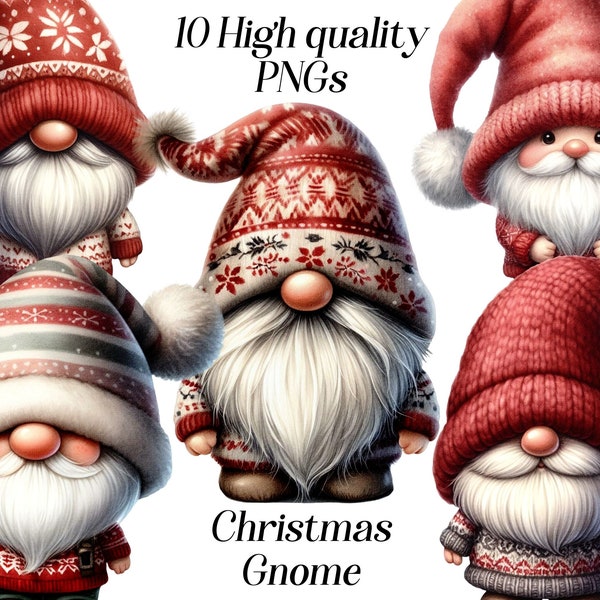 Akwarela Christmas Gnome clipart, 10 wysokiej jakości plików PNG, grafika świąteczna, urocze gnomy, obrazy świąteczne, cliparty fantasy