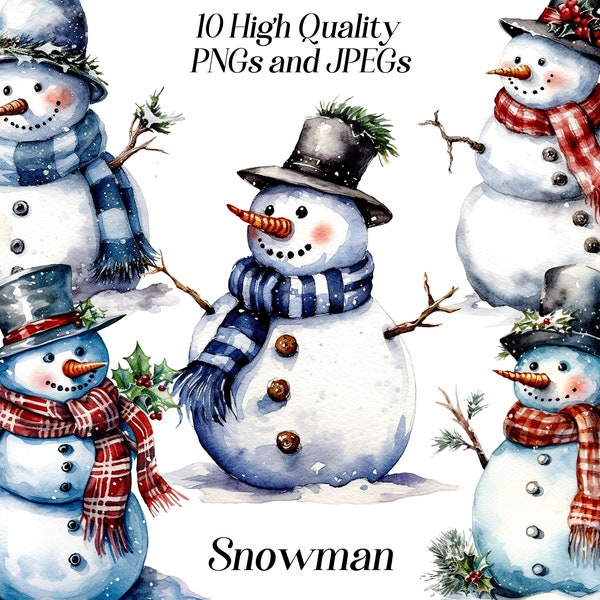 Watercolor snowman clipart, 10 high quality JPEG and PNG files, Xmas snowman clip art, winter holidays, card making, printables, scrapbook