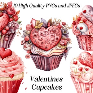 Valentines cupcakes clipart, aquarel roze cupcakes illustraties, png, bakken, zoete lekkernijen, harten, liefde, digitale download, afdrukbaar