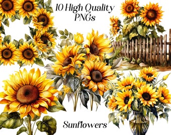 Watercolor sunflowers clipart, 10 high quality PNG Files, sunflower wreath, printable graphics, floral clip art, sunflower sublimation