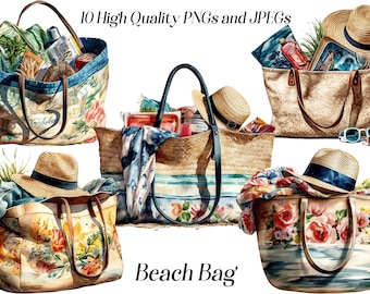 Watercolor Beach Bag Clipart: Summer Vacation Graphics (JPEG, PNG)