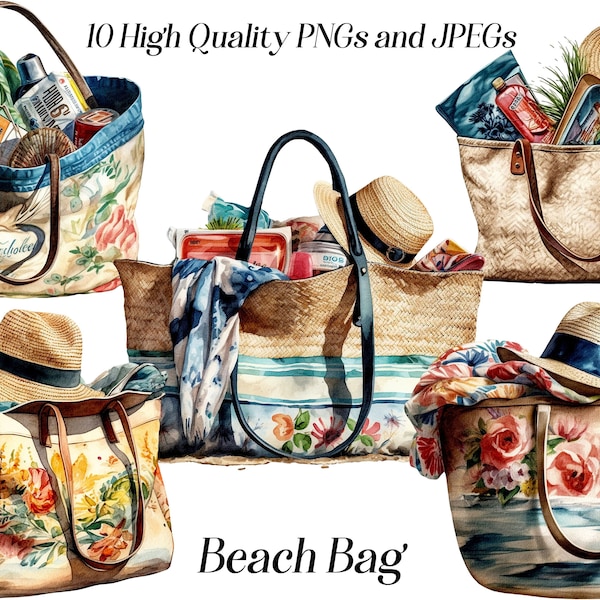 Watercolor beach bag clipart, 10 high quality JPEG and PNG files, summer vacation clipart, holiday travel clip art, printable graphics