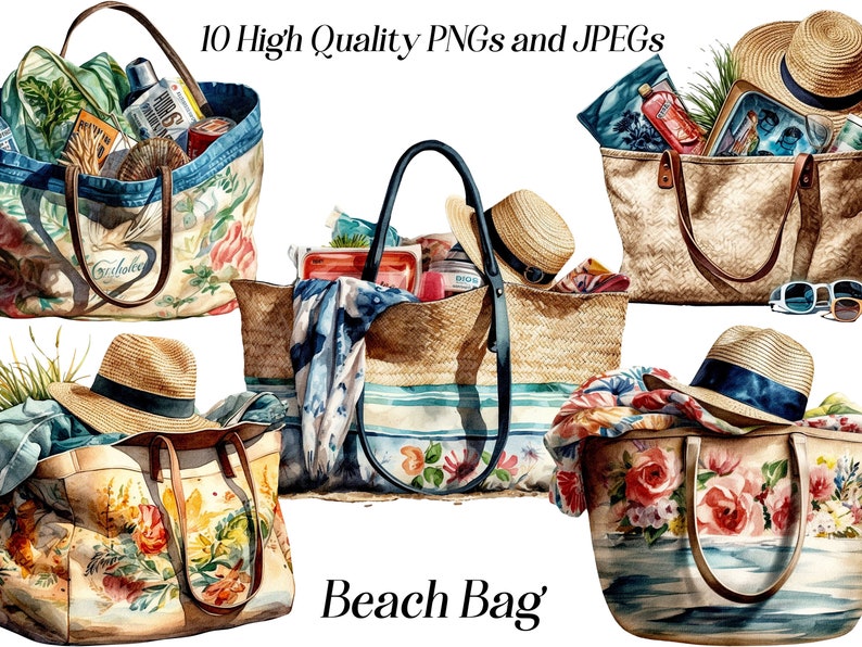 May include: Five different beach bags with floral and striped patterns. The bags are filled with various items, including towels, hats, and sunglasses. The text "Beach Bag" is written below the bags.