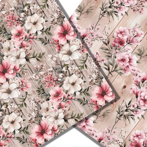 Peut inclure: Un motif sans couture repr&eacute;sentant des fleurs roses et blanches sur un fond en bois. Les fleurs sont peintes dans un style aquarelle et d&eacute;gagent une ambiance douce et romantique.