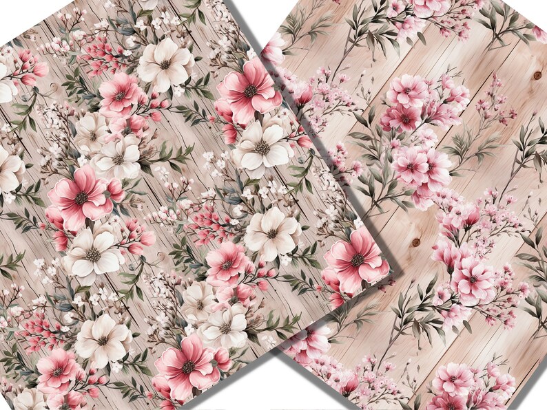 Peut inclure: Un motif sans couture repr&eacute;sentant des fleurs roses et blanches sur un fond en bois. Les fleurs sont peintes dans un style aquarelle et d&eacute;gagent une ambiance douce et romantique.