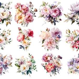 Puede incluir: Una colecci&oacute;n de 12 ramos de flores de acuarela con diferentes flores en tonos de rosa, morado, blanco y verde. Los ramos est&aacute;n dispuestos en una cuadr&iacute;cula sobre un fondo blanco.