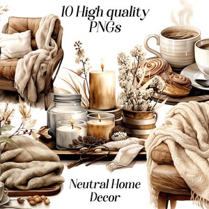 Aquarell Neutral Wohnkultur Clipart, 10 hochwertige PNG-Dateien, Innenarchitektur, gemütliche Ecke, beige Interieur, Sublimationsdesign