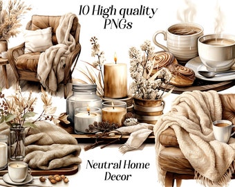 Decoración del hogar en acuarela neutra: Imágenes PNG de interiores acogedores (descarga digital)