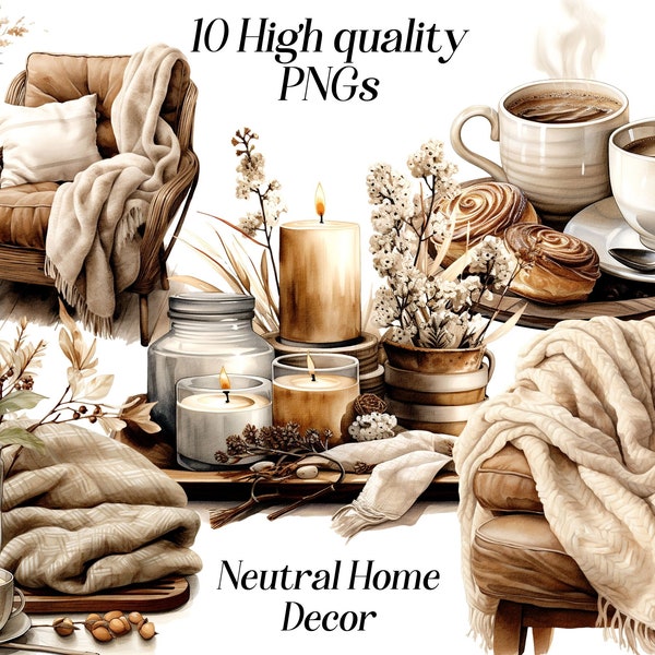 Watercolor Neutral Home Decor clipart, 10 high quality PNG files, interior design, cozy corner, beige interior, sublimation design