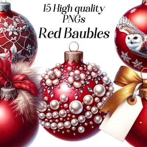 Aquarel rode kerstballen clipart, 15 hoge kwaliteit png-bestanden, kerst clipart, ornamenten illustratie, graphics kerst decor, printables
