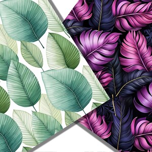 May include: Two seamless patterns featuring tropical leaves. One pattern has green leaves on a white background. The other pattern has dark purple and blue leaves on a black background.
