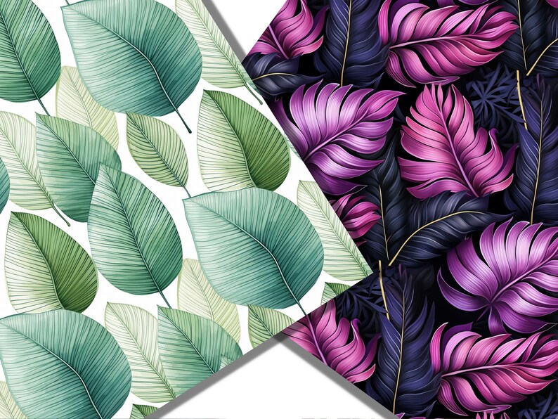 May include: Two seamless patterns featuring tropical leaves. One pattern has green leaves on a white background. The other pattern has dark purple and blue leaves on a black background.