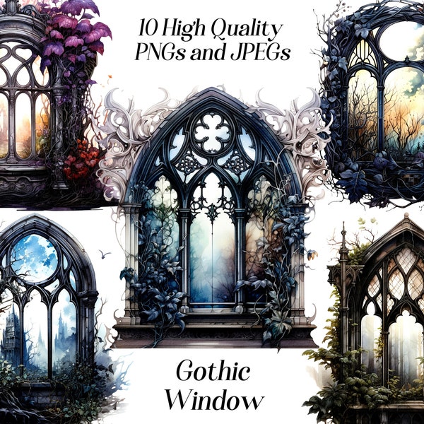 Watercolor gothic window clipart, 10 high quality JPEG and PNG files, Spooky window, arch window, card making, goth clip art, printables