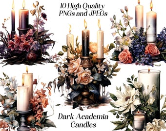 Watercolor Dark Academia Candle Clipart: Gothic Victorian Designs (JPEG, PNG)