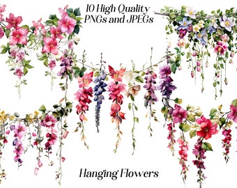 Watercolor hanging flowers clipart, 10 high quality JPEG and PNG files, floral clip art, botanical clipart, card making, printable graphics