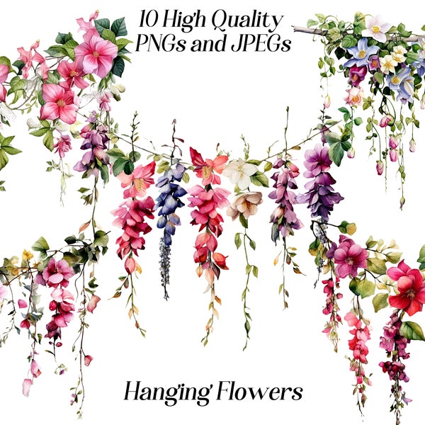 Watercolor hanging flowers clipart, 10 high quality JPEG and PNG files, floral clip art, botanical clipart, card making, printable graphics