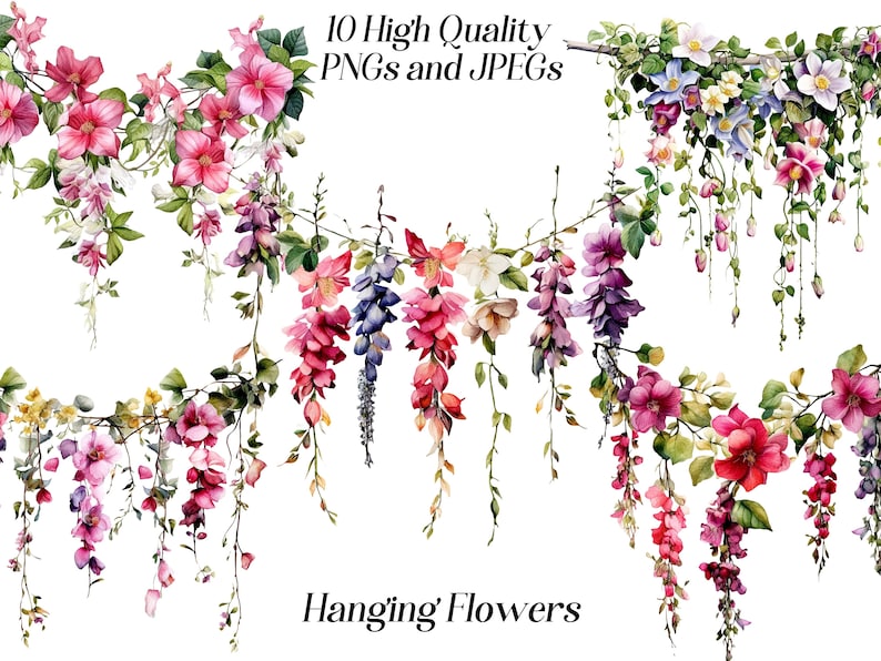 May include: A digital illustration of 10 watercolor-style hanging flower arrangements. The flowers are in shades of pink, purple, white, and green. The flowers are arranged in a garland-like fashion, with the stems hanging down. The text "Hanging' Flowers" is at the bottom of the image.