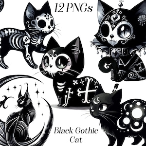 Acuarela gótica gato negro clipart, 12 archivos PNG, gatito negro, halloween, gato esqueleto, animal espeluznante, lindo arte gótico, imágenes imprimibles