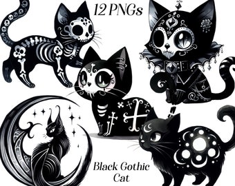 Watercolor Gothic Black Cat Clipart: Halloween Skeleton Kitten (PNG Files)