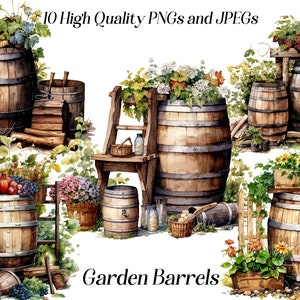 Aquarell Gartenfässer Clipart, 10 hochwertige JPEG- und PNG-Dateien, Cottagecore Clipart, rustikaler Garten ClipArt, Holzfass, digital
