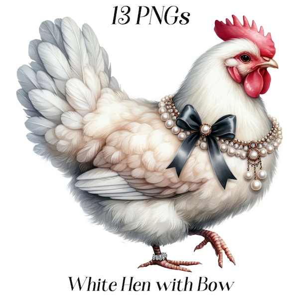 Watercolor White Hen with Bow clipart, 13 PNG files, white chicken, elegant bird, farm bird, farm animal, pretty chicken, printable graphics