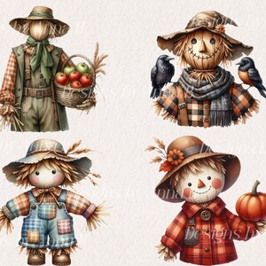 Pu&ograve; includere: Quattro diversi spaventapasseri con vari accessori. Gli spaventapasseri indossano cappelli, sciarpe e salopette. Uno spaventapasseri tiene un cesto di mele, un altro tiene una zucca e un altro tiene un uccello. Gli spaventapasseri sono tutti in piedi su uno sfondo bianco.
