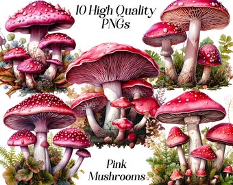 Watercolor Pink Mushroom Clipart: Cottagecore Illustration (PNG)
