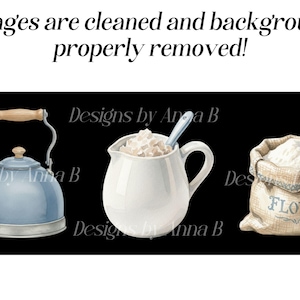 May include: Watercolor illustration of kitchen items on a black background. Includes a blue kettle with a wooden handle, a white pitcher with whipped cream and a spoon, and a burlap sack of flour.