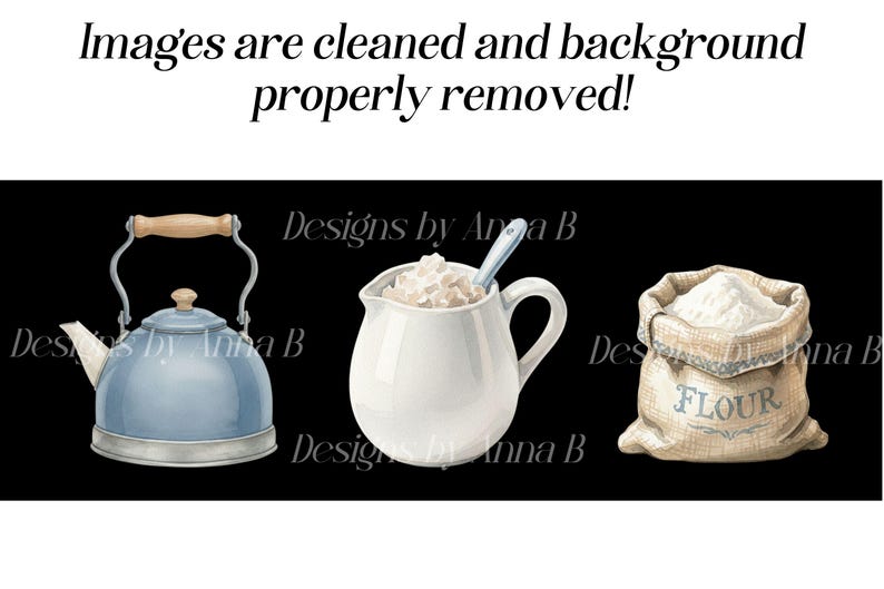 May include: Watercolor illustration of kitchen items on a black background. Includes a blue kettle with a wooden handle, a white pitcher with whipped cream and a spoon, and a burlap sack of flour.