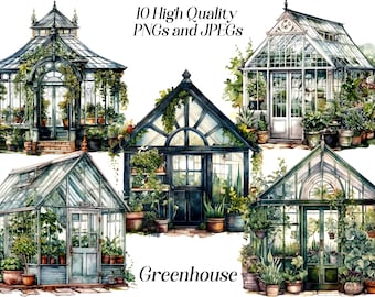 Clipart serre aquarelle : illustrations du jardin botanique (PNG, JPEG)