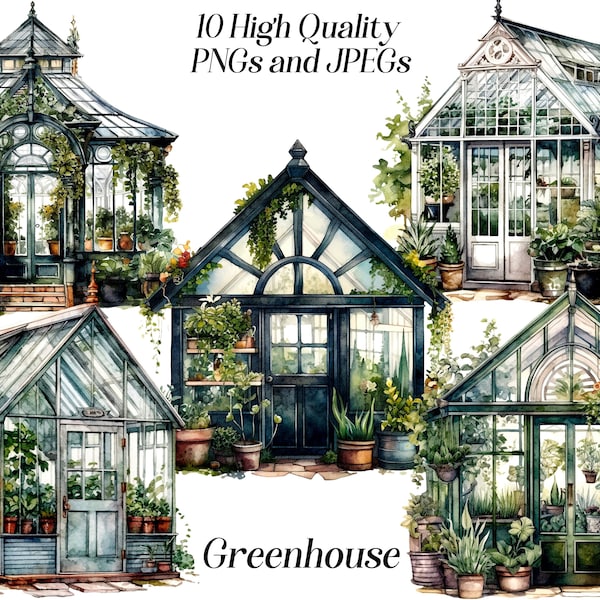Watercolor greenhouse clipart, 10 high quality JPEG and PNG files, garden clip art, greenery clipart, plants, printable graphics