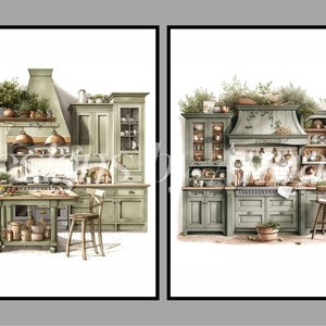 Puede incluir: Dos ilustraciones de acuarela de cocinas verdes con salpicaduras de azulejos blancos, gabinetes de madera y detalles en cobre. Las cocinas presentan un estilo de granja con estantes abiertos y una isla grande.